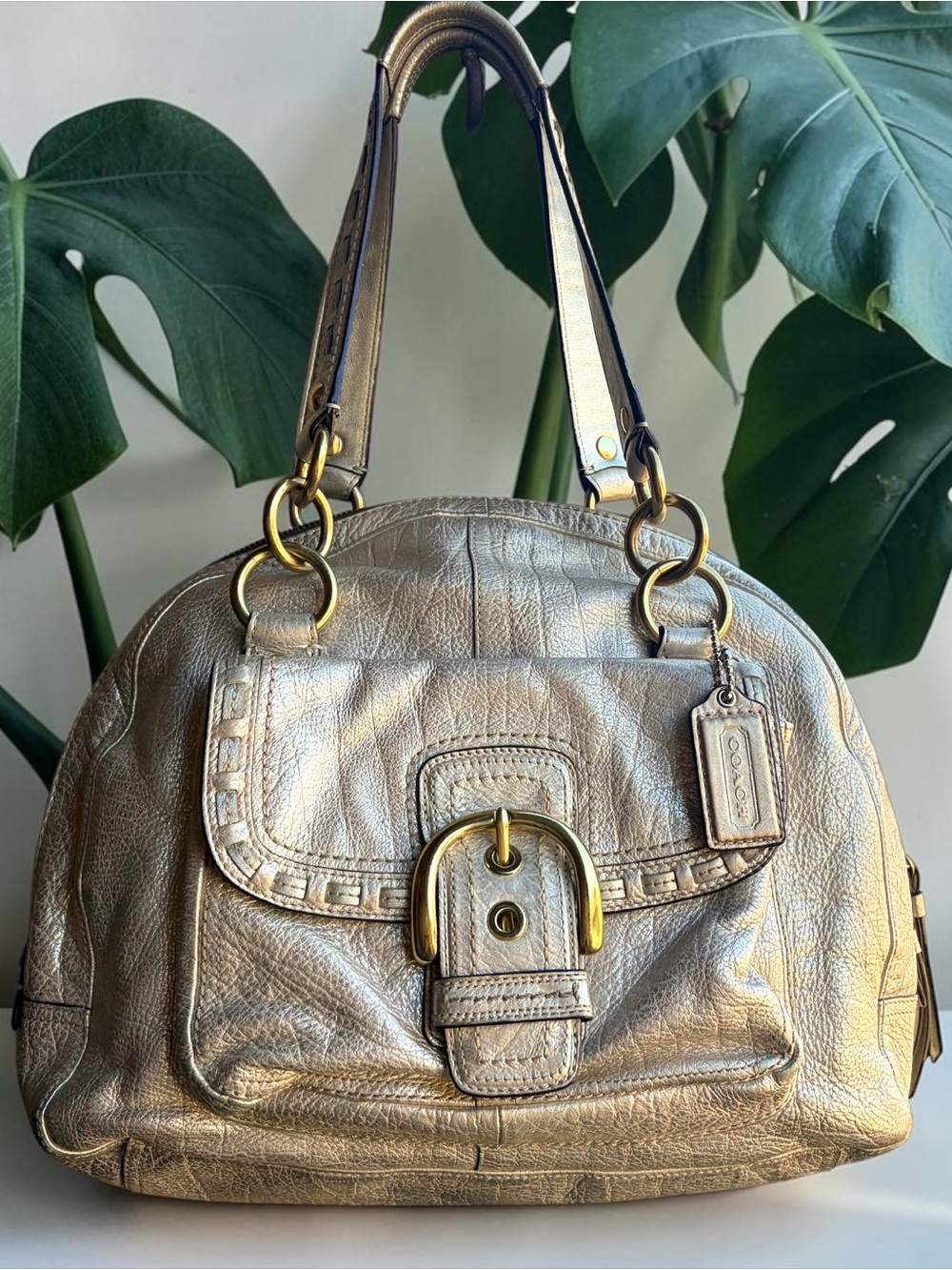 Coach Metallic Gold Leather Satchel with Gold-Tone Hardware
